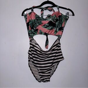 Women’s size XL swimsuit pink tropical leaf print top black white stripe bottom